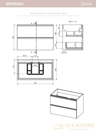 тумба 80 см visobath granada 76579/valenti 2 ящика c черными ручками, орех (valenti)